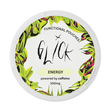Detail close-up of Glick Energy Functional Pouches showcasing a colorful label with natural ingredients.