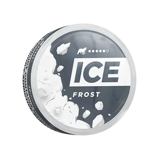 Perspective view of the ICE Frost can showcasing its circular design in black and white with a frosted effect.