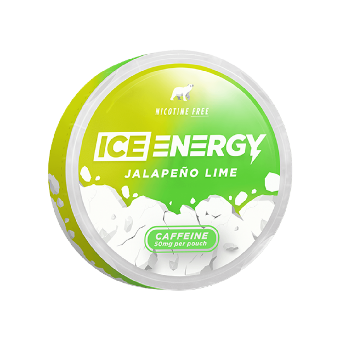 Front view of a circular green and yellow energy chew container labeled with jalapeño lime flavor