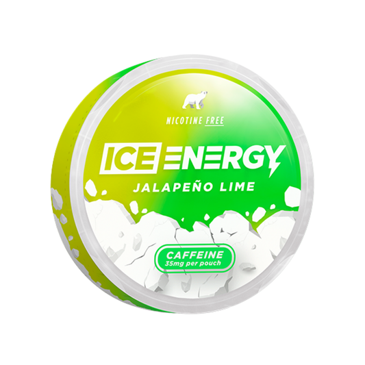 Packaging of Ice Jalapeno Lime Caffeine featuring a circular container in green, yellow, and white colors.