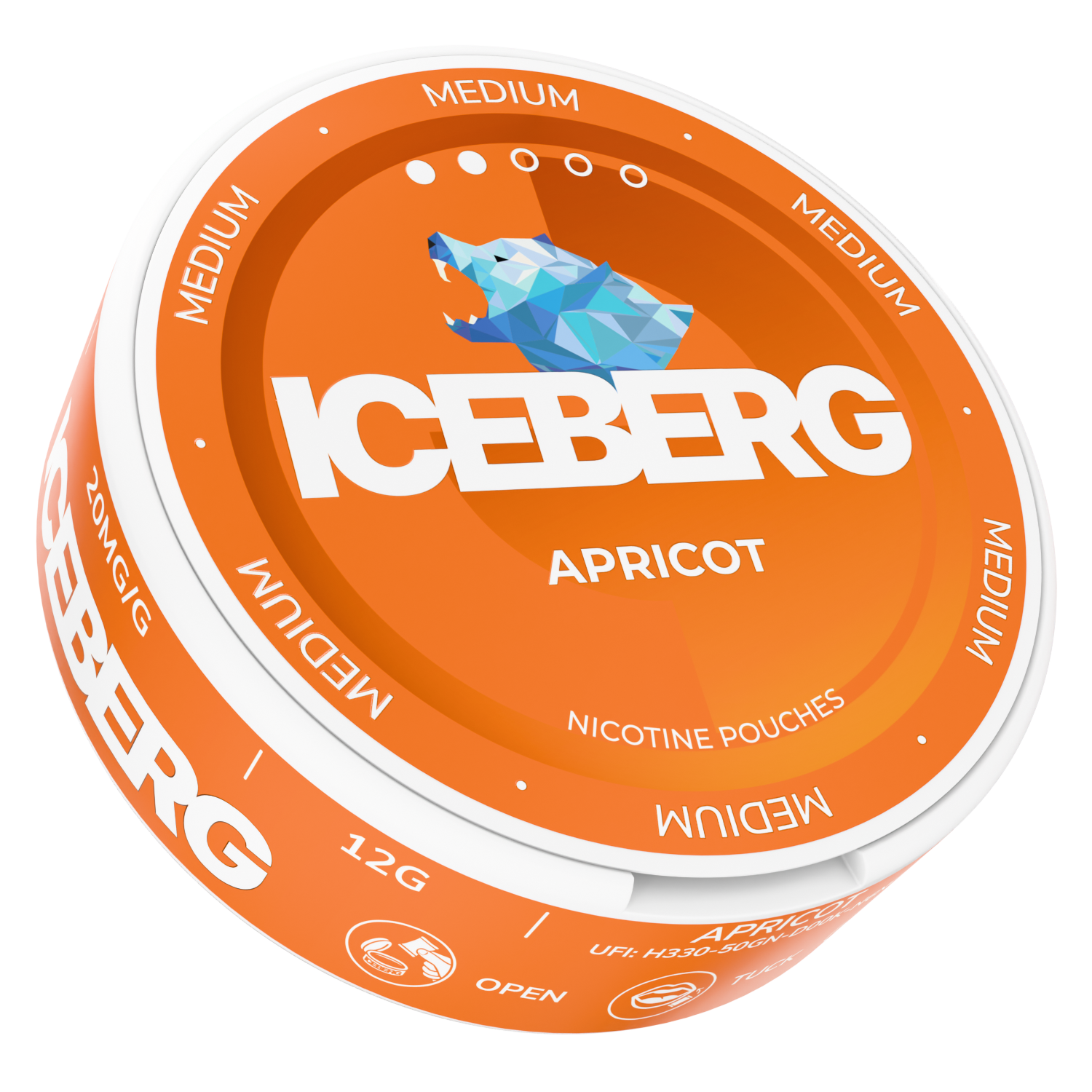 Front view of a circular orange and white container with an iceberg graphic and label text.