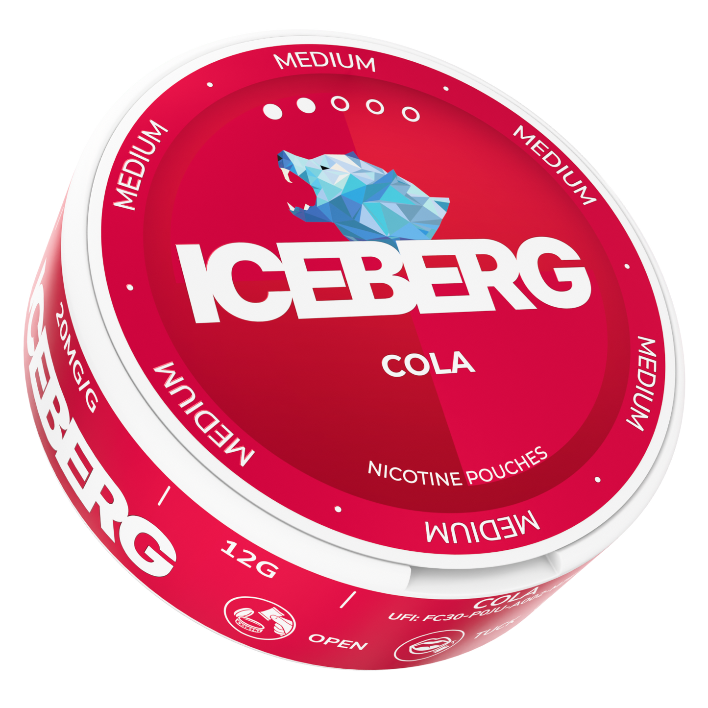 Front view of the red and white Iceberg Cola 20mg snus can with bold text and flavor label.