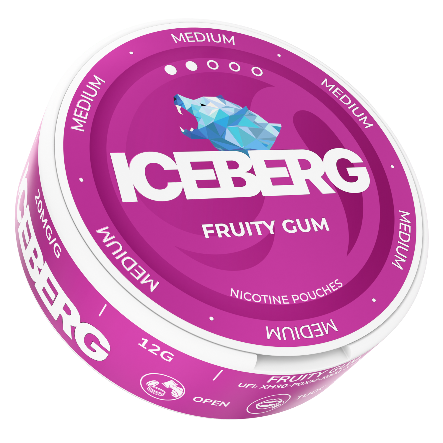 Front view of the pink can displaying a fruit graphic and brand name on a transparent background.