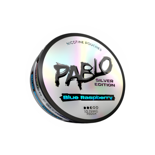 Detail close-up of Pablo Silver Edition Blue Raspberry tin with iridescent finish and silver, black, and blue label.