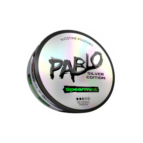 Detail close-up of the silver and black circular tin with iridescent packaging and bold logo