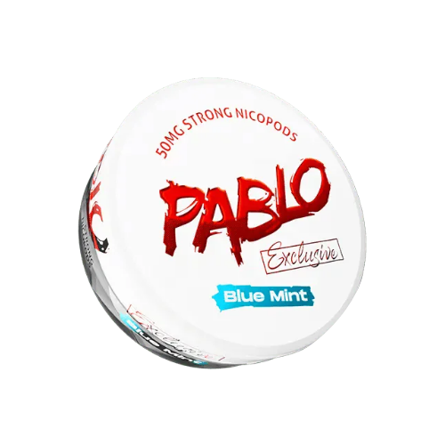 Detail close-up of the round white and red container featuring graphic text and label design for Pablo Exclusive Blue Mint