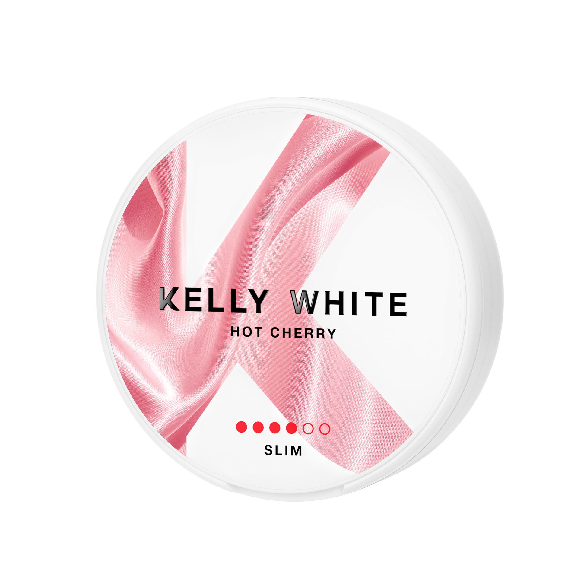 Front view of the white and pink lip balm container featuring a swirl design and brand logo on a transparent background.