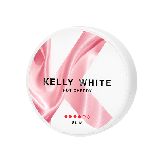 Front view of the white and pink lip balm container featuring a swirl design and brand logo on a transparent background.