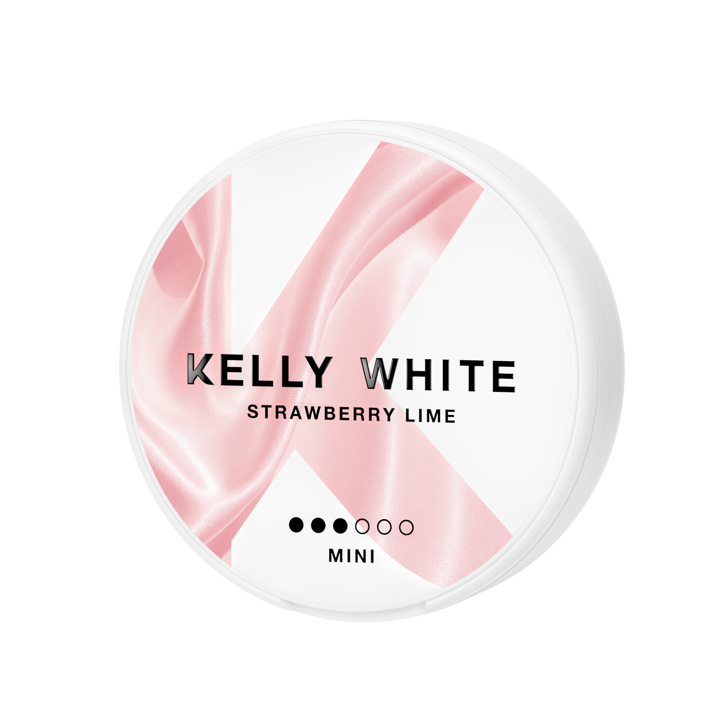 Detail close-up of the smooth, round container of Kelly White Strawberry Lime, showcasing its pink and white design.