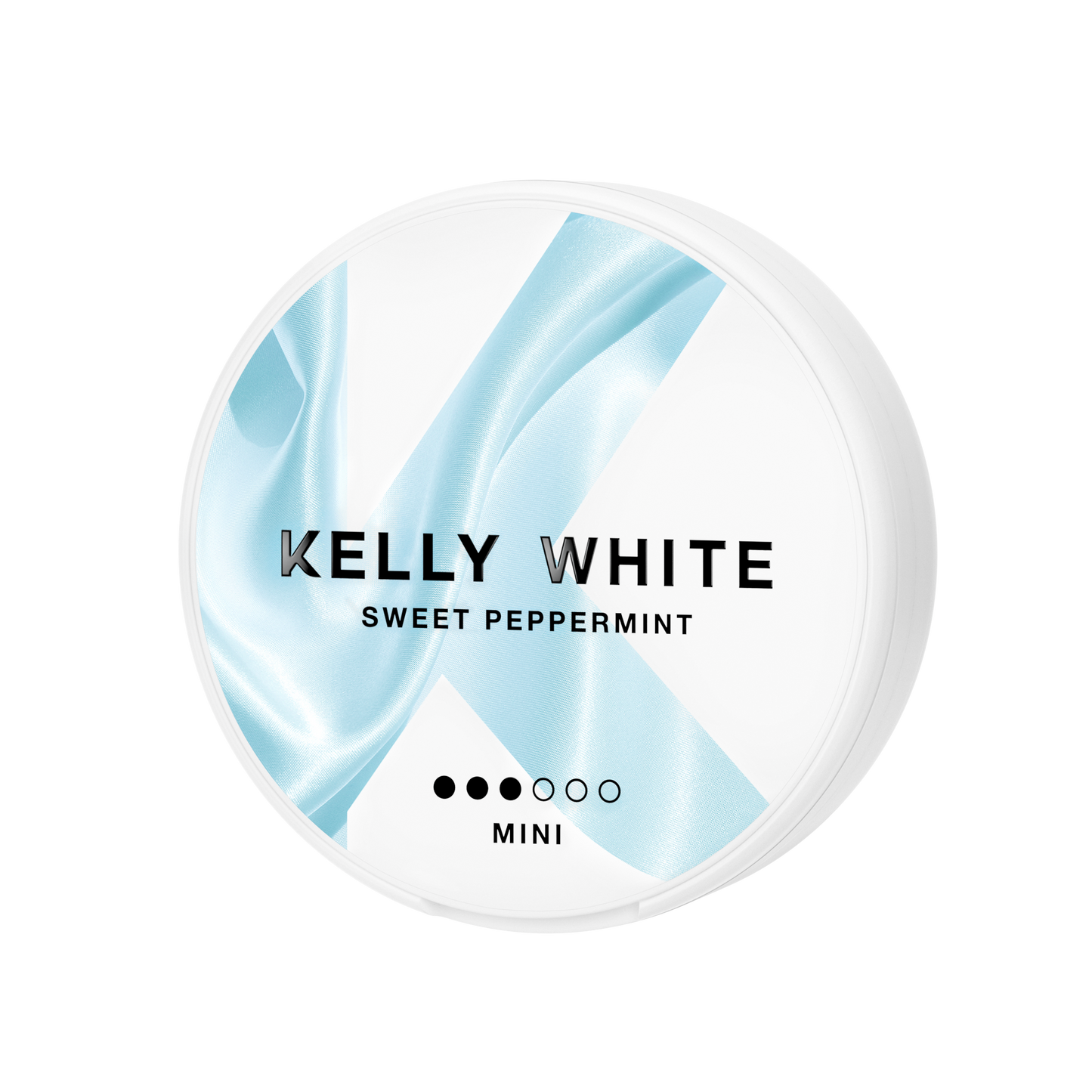 Minimalist design of the white and blue peppermint tin with a smooth surface.