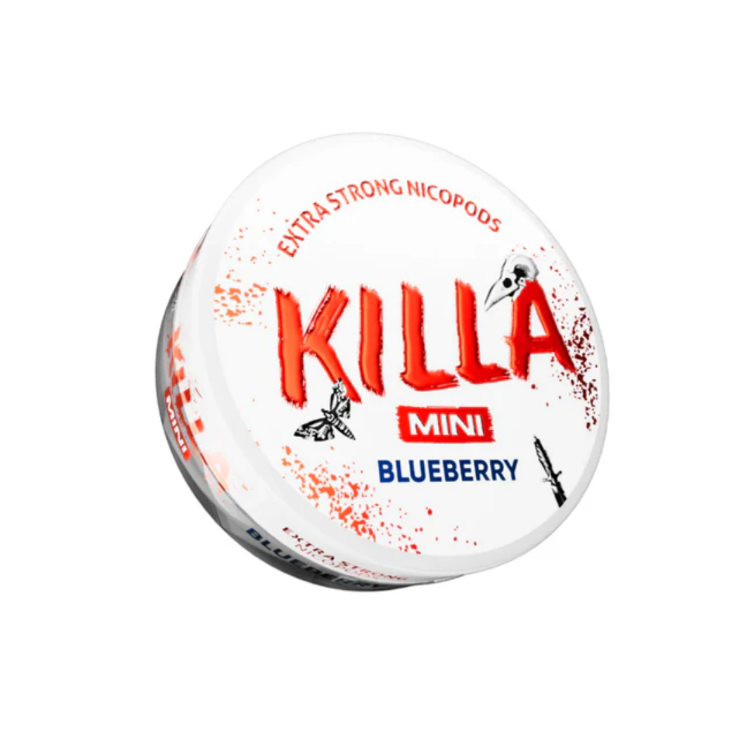 Detail close-up of a circular snus can featuring blueberry flavor with red, white, and blue colors.