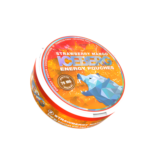 Detail close-up of the colorful Iceberg Energy Strawberry Mango pouch featuring a bear illustration on a transparent backg…