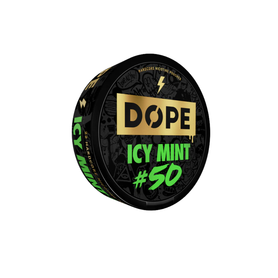 Detail close-up of the black and green snus can showcasing icy mint flavor and #50 nicotine strength.