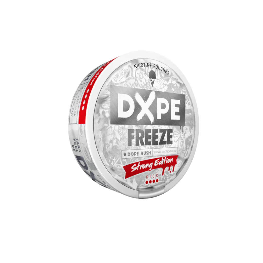 Front view of Dope Freeze mint nicotine pouch can featuring a circular design in white and red with a screw top.