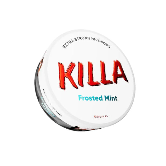 Detail close-up of a circular Killa Frosted Mint snus can featuring white and red branding on a transparent background.