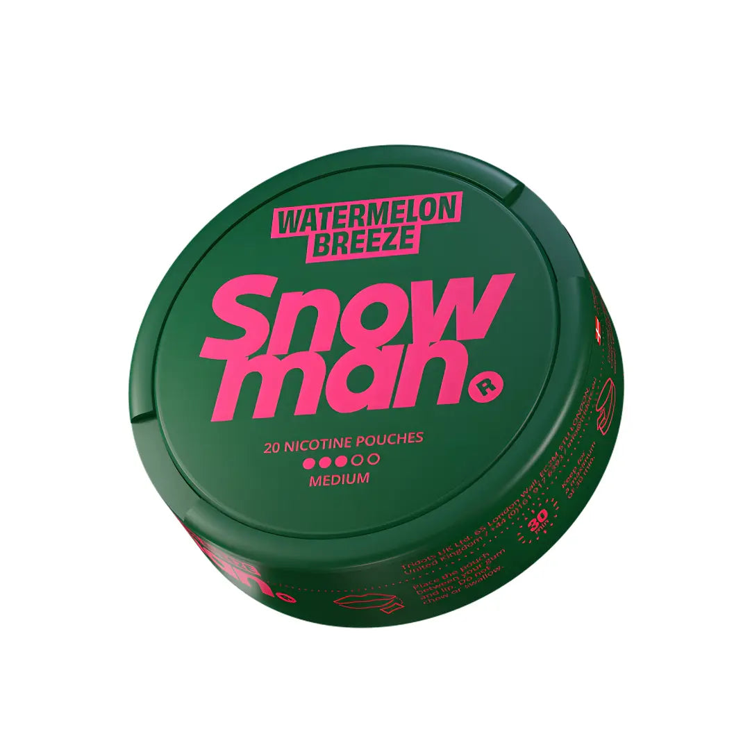 Detail close-up of the round green and pink Snowman product container featuring bold text and a special offer