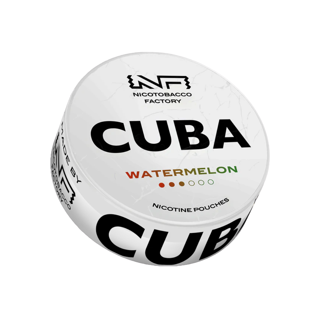 Detail close-up of the Cuba Watermelon balm in a round container featuring bold text and colors of white, black, green, an…