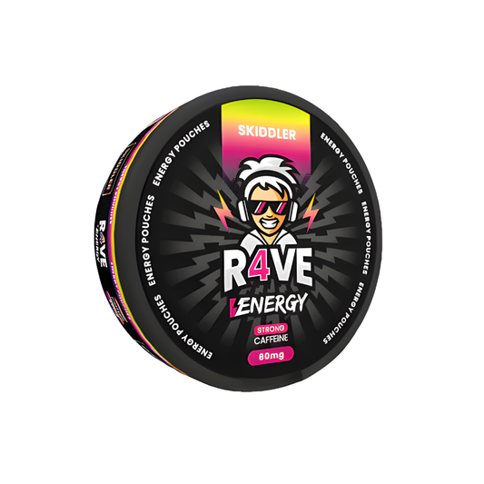 Packaging shot of a colorful energy can featuring black, pink, yellow, and orange colors with flavor indication.
