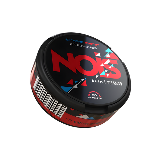 Side view of NOIS Extreme Cherry in a round black container featuring a bold logo.