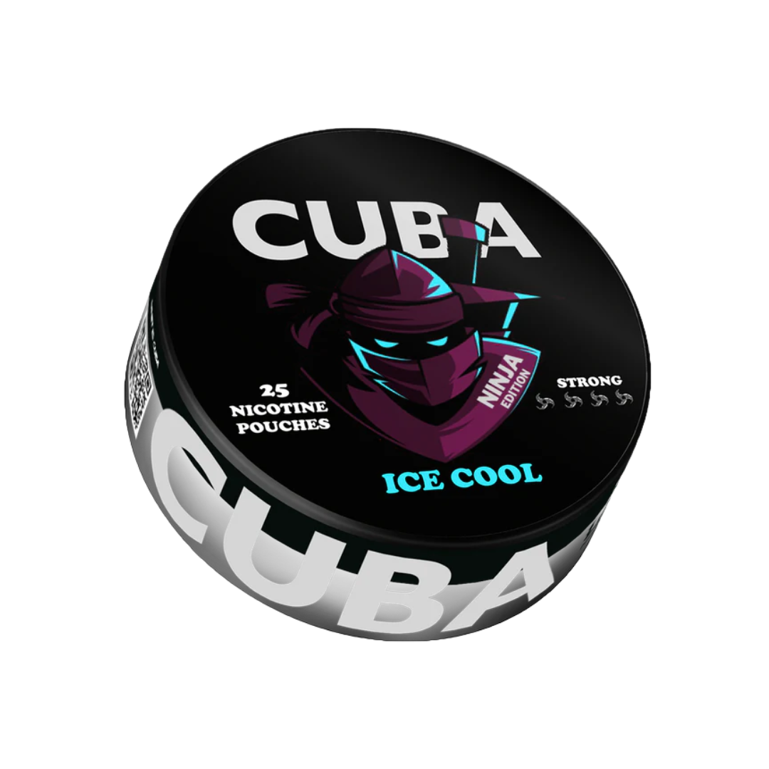 Detail close-up of the Cuba Ninja Ice Cool tin in black, purple, and white with scent description.