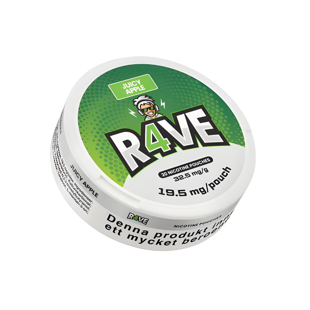 Detail close-up of the Rave Juicy Apple nicotine pouch container, featuring a green and white round design with a screw top.