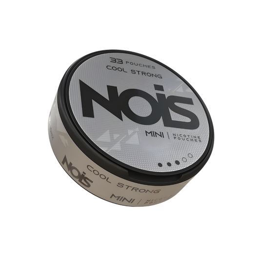 Detail close-up of the black and silver round tin featuring NOIS Cool Strong Mini label design.
