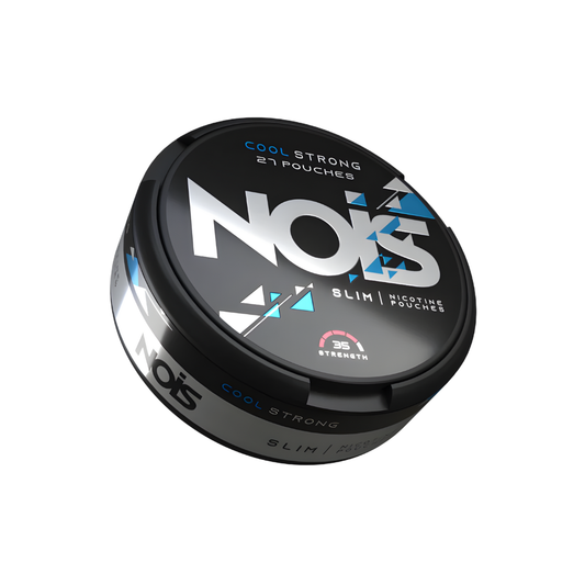 Front view of Nois Cool Strong nicotine pouch container in black and blue with a round design and label.
