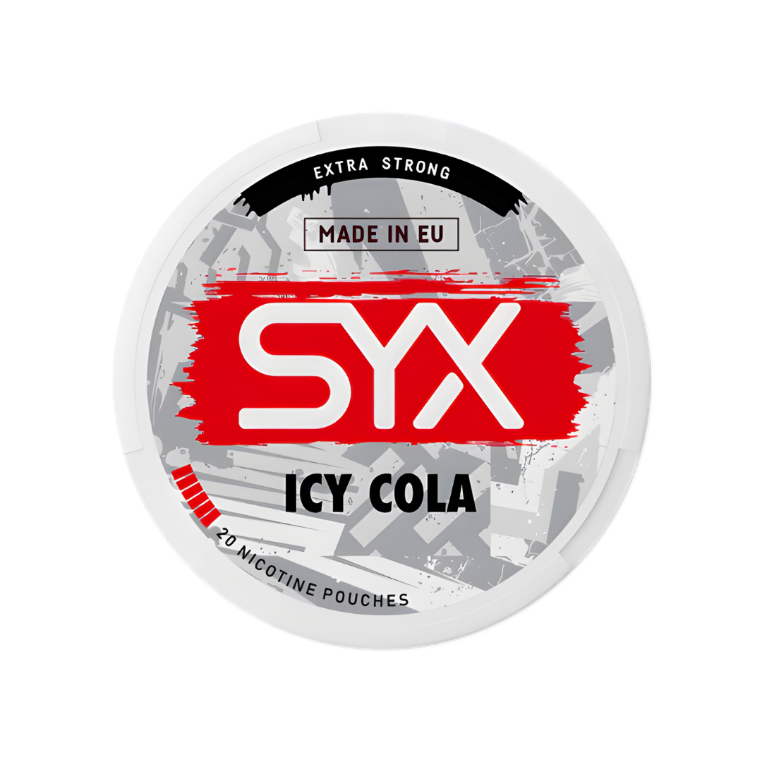 Detail close-up of the SYX Icy Cola Extra Strong snus can, showcasing the circular design and red and black logo.