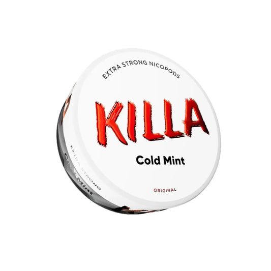 Detail close-up of Killa Cold Mint snus can showcasing bold text and brand logo on a transparent background