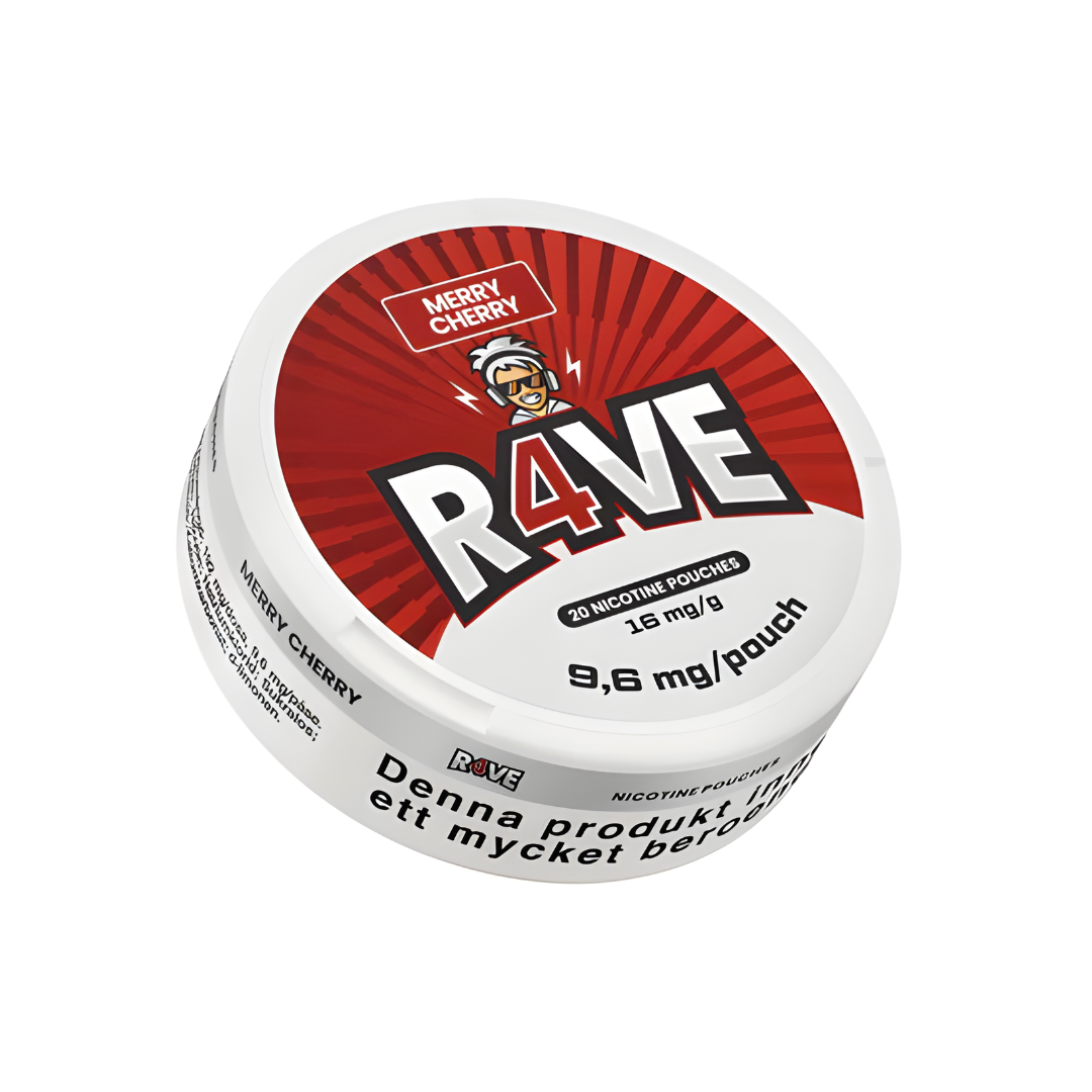 Detail close-up of the round red and white snus can featuring logo text and flavor description on a white background.