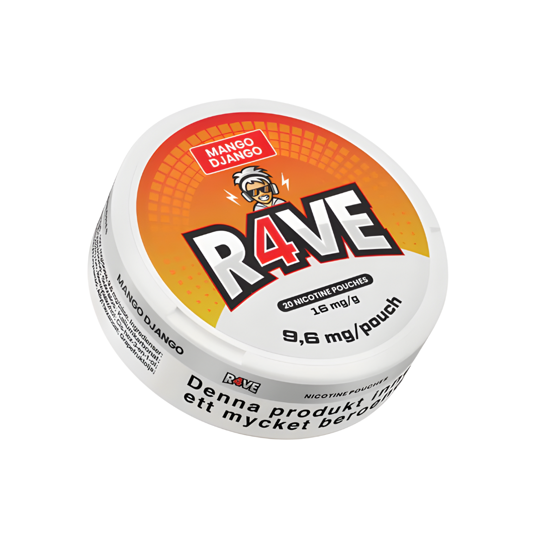 Detail close-up of the round orange and white snus can featuring bold logo and flavor description