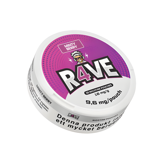 Detail close-up of a purple and white circular container with screw top and branding for Rave Minty Berry.