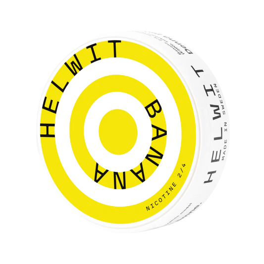Detail close-up of yellow circular packaging featuring bold text and a transparent background