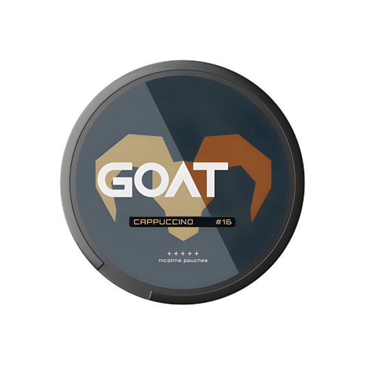 Detail close-up of Goat Cappuccino container in black and gold, showcasing logo design on a dark background.