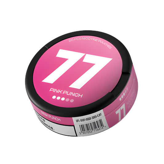 Detail close-up of the pink container featuring a large number 77, circular shape, and label on the side.
