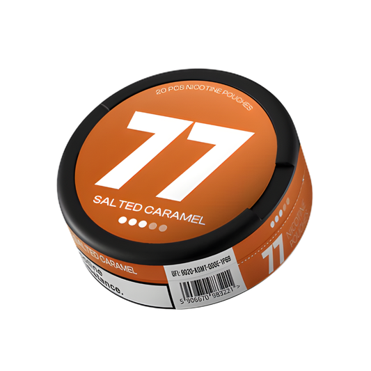 Detail close-up of the orange and black snus can featuring the number 77, with a black lid on a white background.