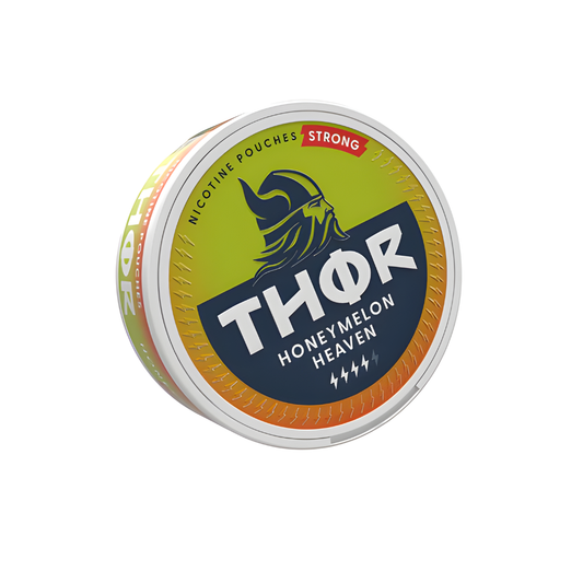 Front view of a circular snus can featuring a Viking logo in green, orange, and white colors.