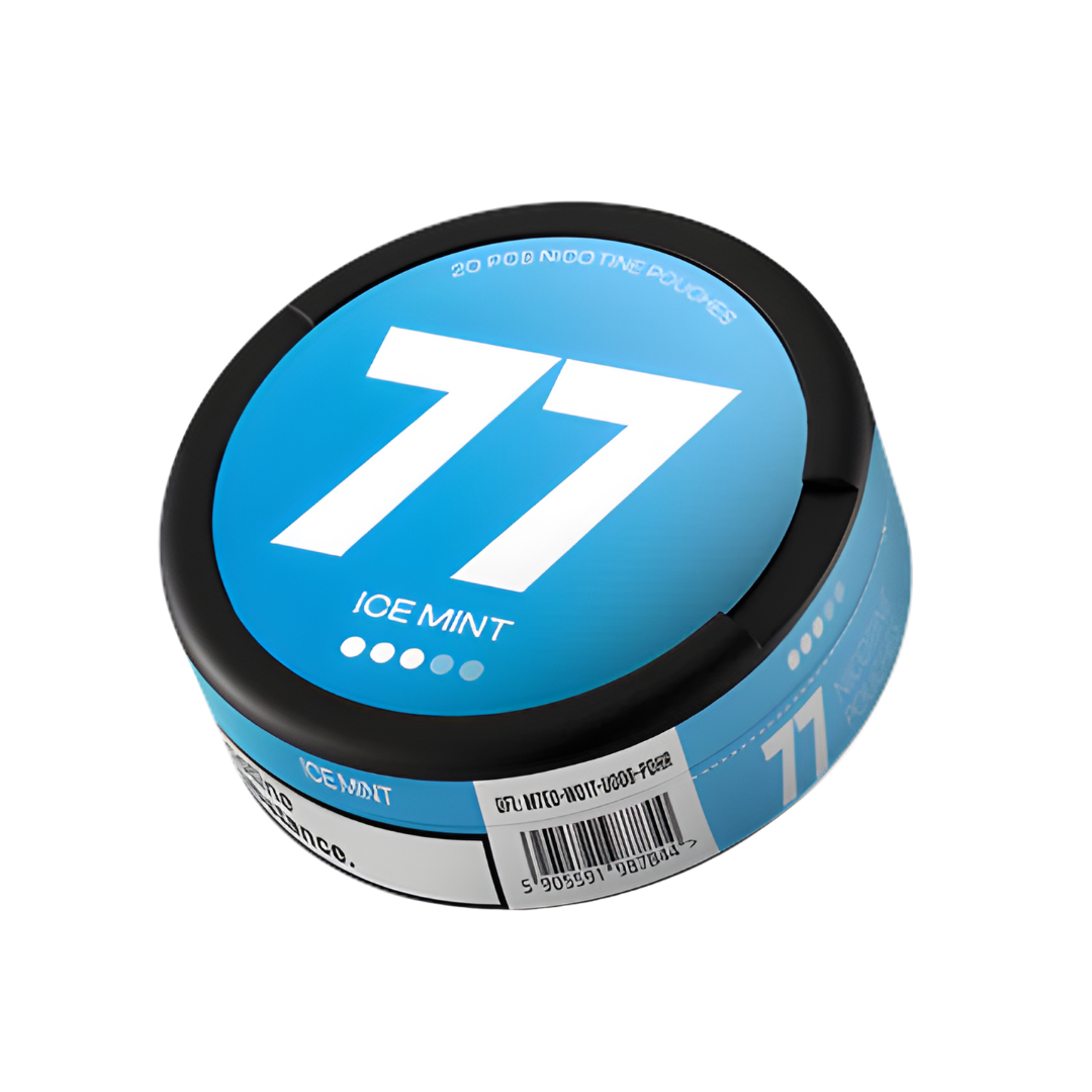 Detail close-up of the 77 Ice Mint snus can featuring a blue and black label with number 77 and barcode on a transparent b…