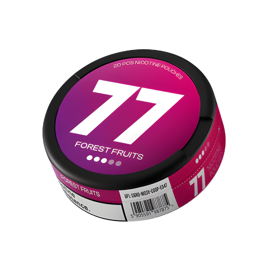 Detail close-up of a pink nicotine pouch container featuring a round shape, label with number 77, and barcode on a white b…