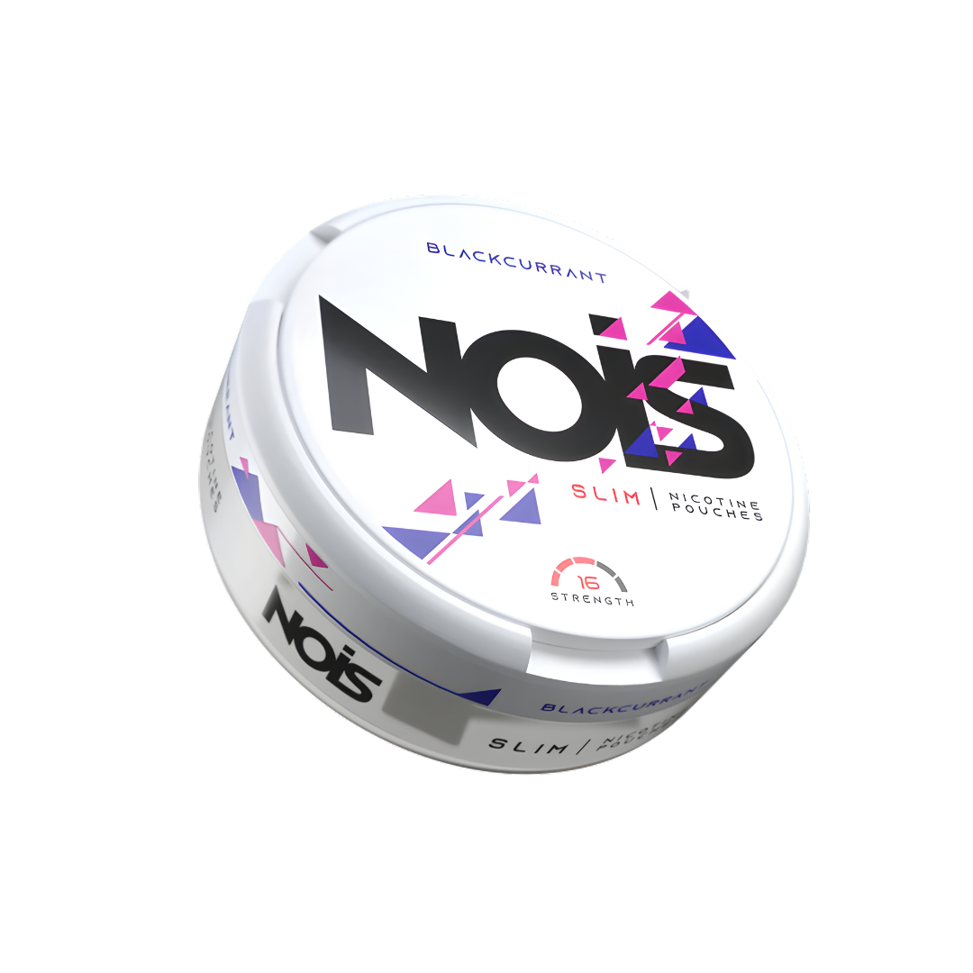 Front view of the white Nois container with circular shape and graphic design, featuring purple and pink colors.