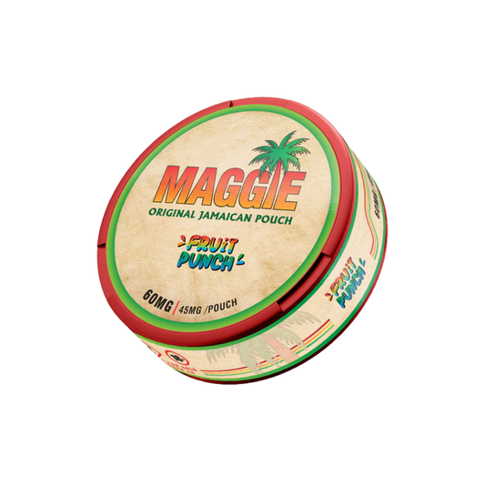 Front view of the circular Maggie seasoning can featuring a vibrant red, green, and beige label design.