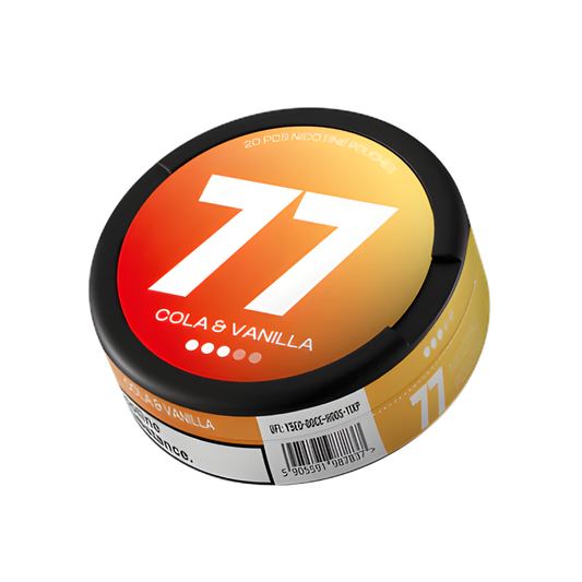 Detail close-up of the circular container featuring bold red and orange colors with the number 77 on a white background.