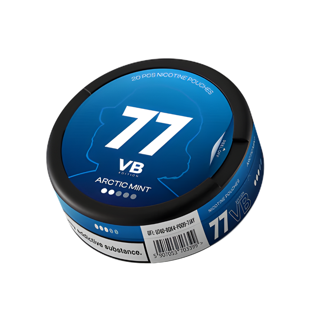 Detail close-up of the round black and blue snus can featuring large number 77 and branding text.