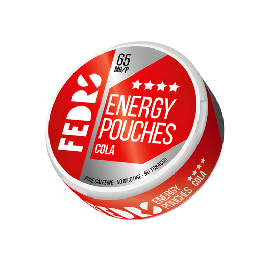 Front view of a circular red and silver energy pouches can featuring the brand logo.