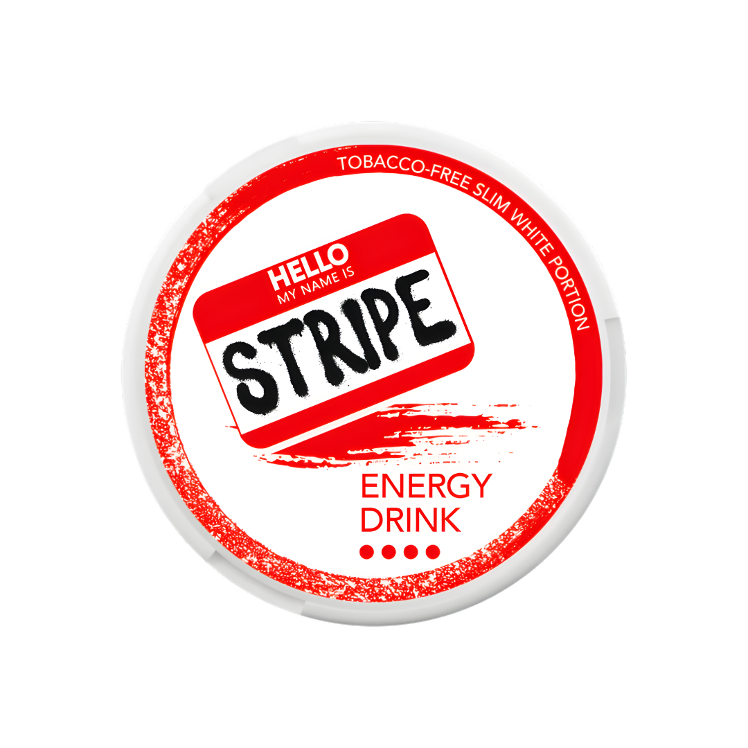 Front view of the Stripe Energy Drink Strong label showcasing bold red, white, and black design with circular features.