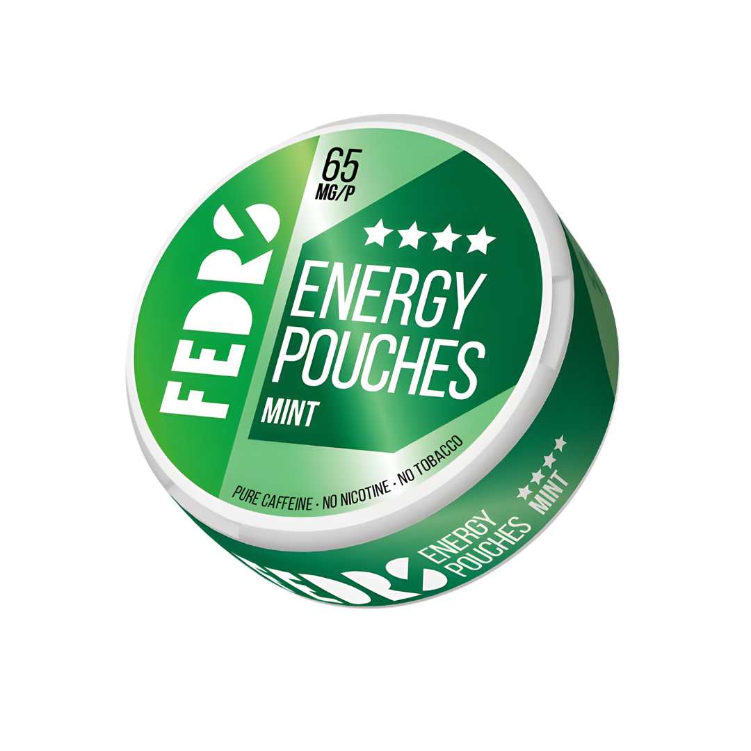 Front view of a green and white circular can of Fedrs Energy Pouches Mint showcasing branding and energy pouches.