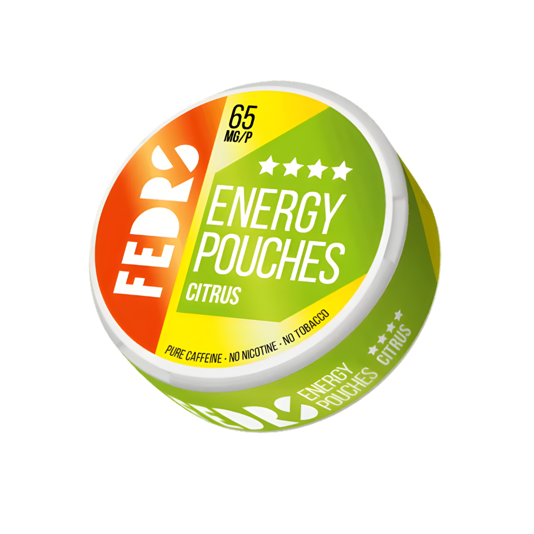 Front view of the circular tin of Fedrs Energy Pouches Citrus featuring a vibrant green, yellow, and orange label design.