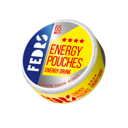Detail close-up of Fedrs Energy Pouches in a circular tin with vibrant yellow, red, and blue branding.