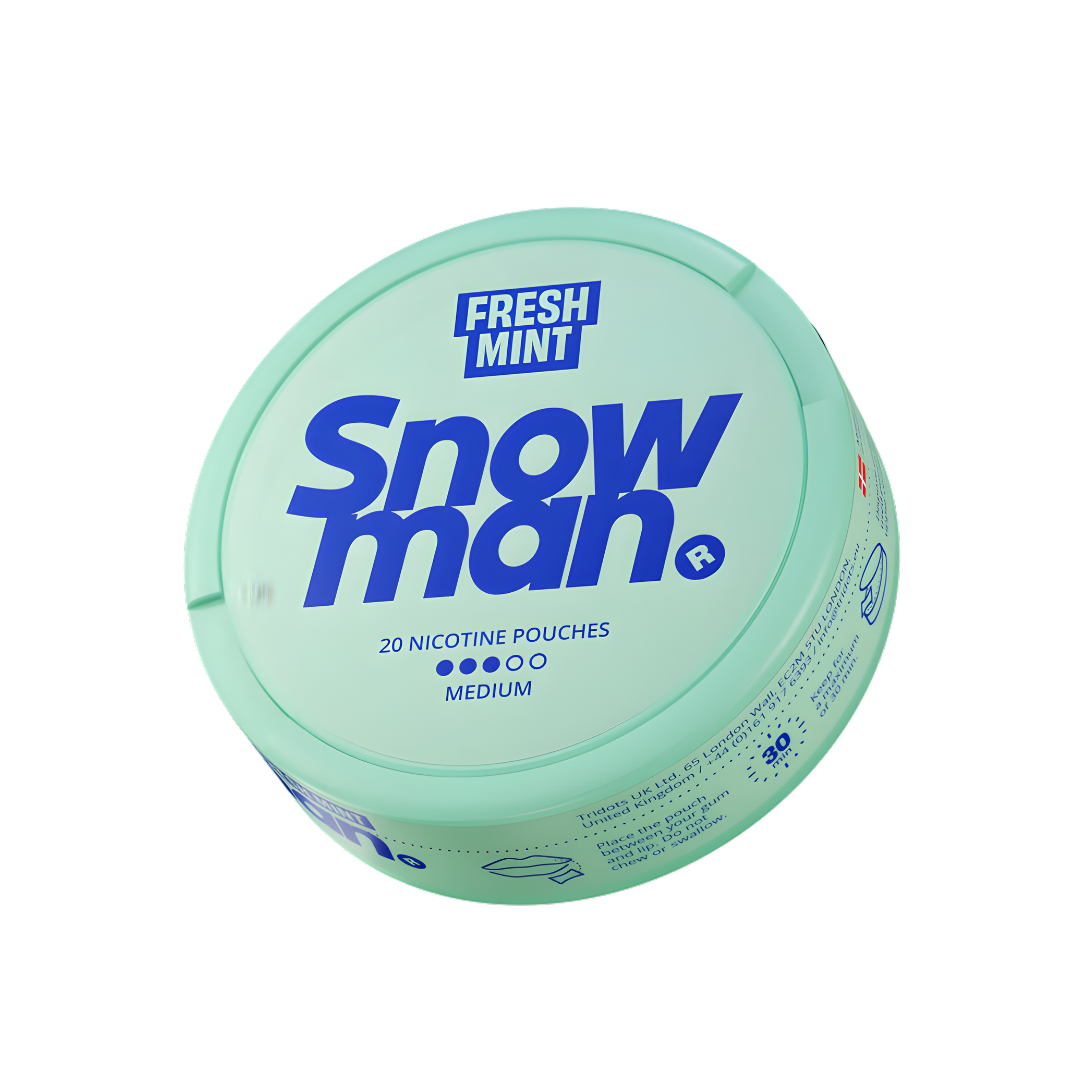Side view of the Snowman Fresh Mint pouch in a round container, featuring mint green and blue colors.