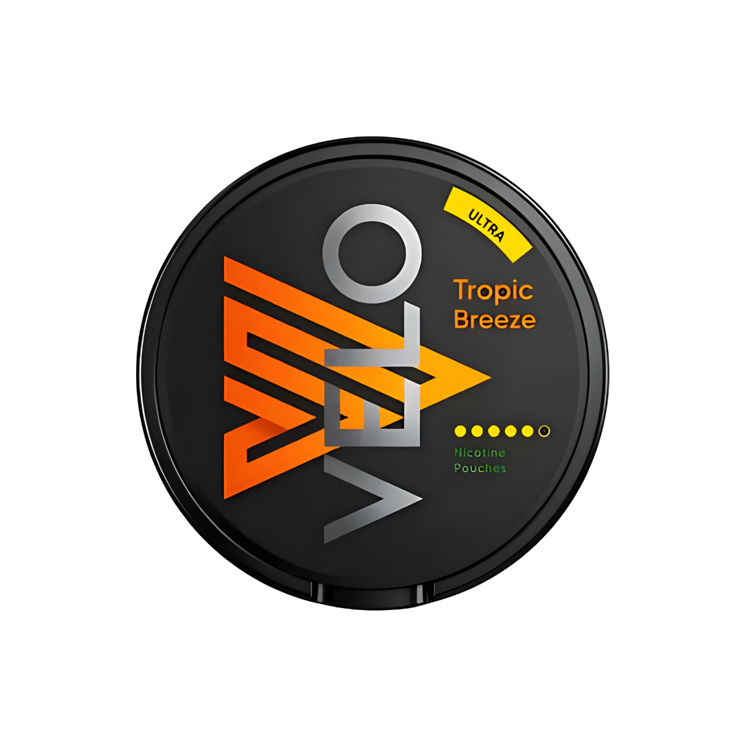 Front view of the Velo Tropic Breeze Ultra snus can in black, orange, and yellow with a flavor label.